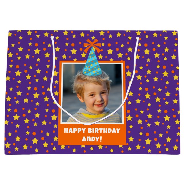 Personalized Kid Photo Happy Birthday w/ Blue Hat Large Gift Bag (Front)