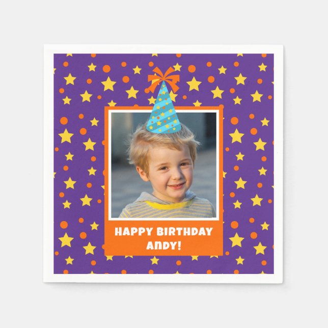 Personalized Kid Photo Happy Birthday w/ Blue Hat Napkin (Front)