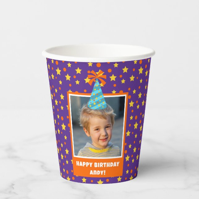Personalized Kid Photo Happy Birthday w/ Blue Hat Paper Cups (Front)