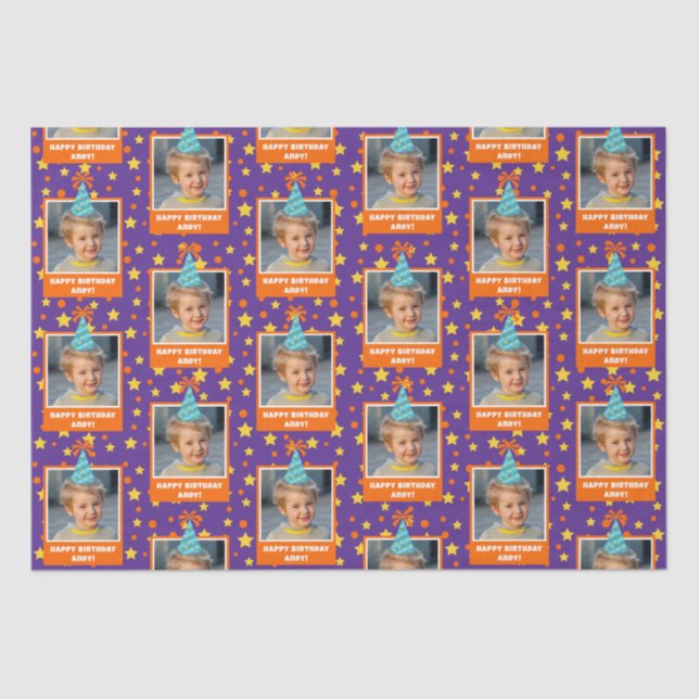 Personalized Kid Photo Happy Birthday w/ Blue Hat Tissue Paper (Front)