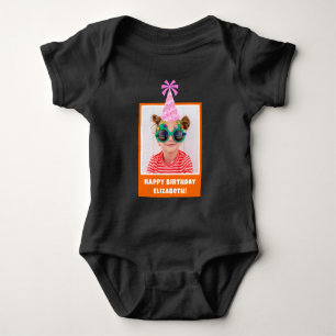 Personalized Kid Photo Happy Birthday w/ Pink Hat Baby Bodysuit
