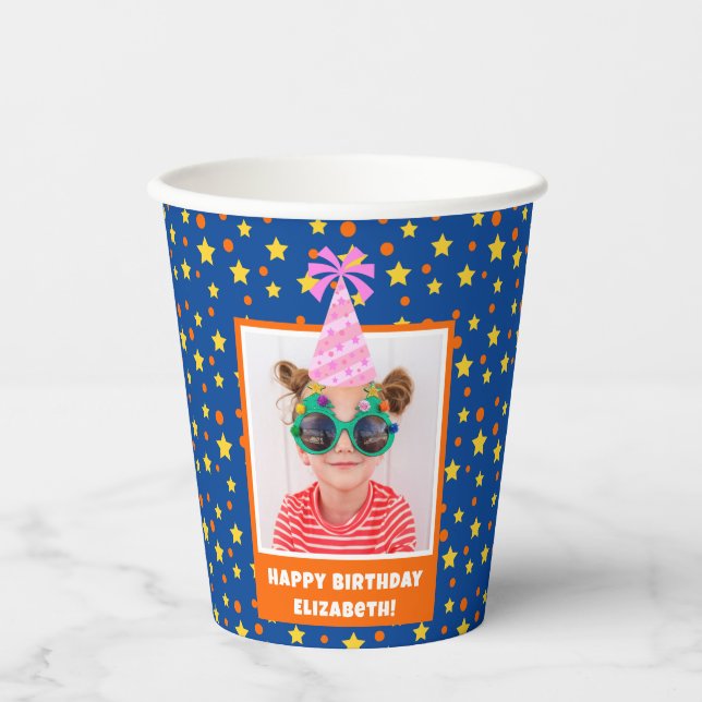 Personalized Kid Photo Happy Birthday w/ Pink Hat Paper Cups (Front)