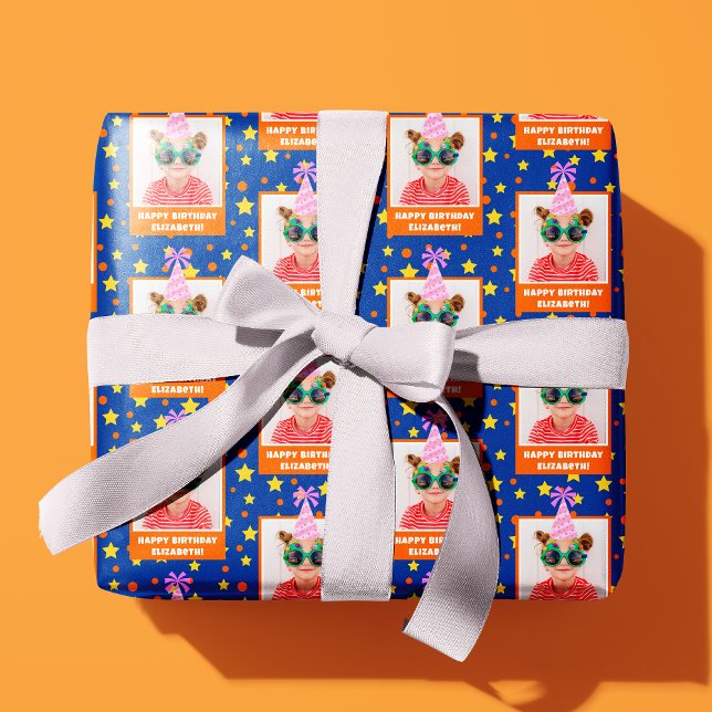 Personalized Kid Photo Happy Birthday w/ Pink Hat Wrapping Paper (Creator Uploaded)