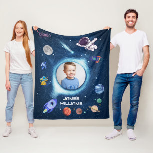Personalized Kid Photo Name Outer Space Galaxy Fleece Blanket