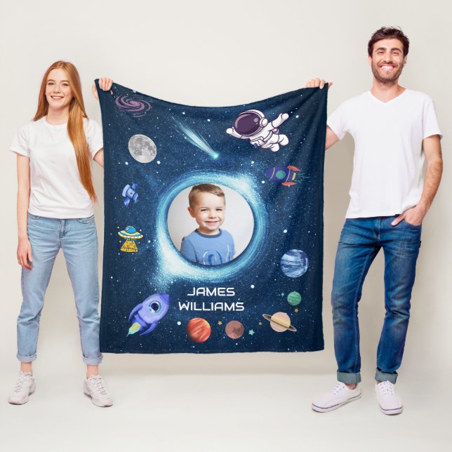 Personalized Kid Photo Name Outer Space Galaxy  Fleece Blanket (In Situ)