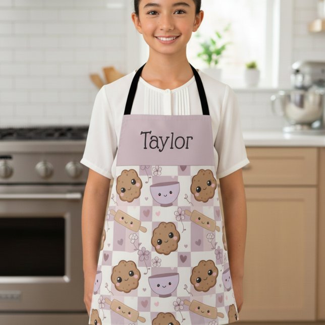 Personalized Kids Apron Kawaii Cookie Gingham Bake (Creator Uploaded)