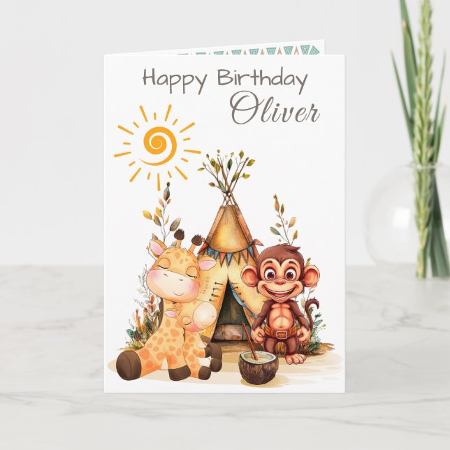 Personalized Kids Birthday Card with Cute Animals (Front)