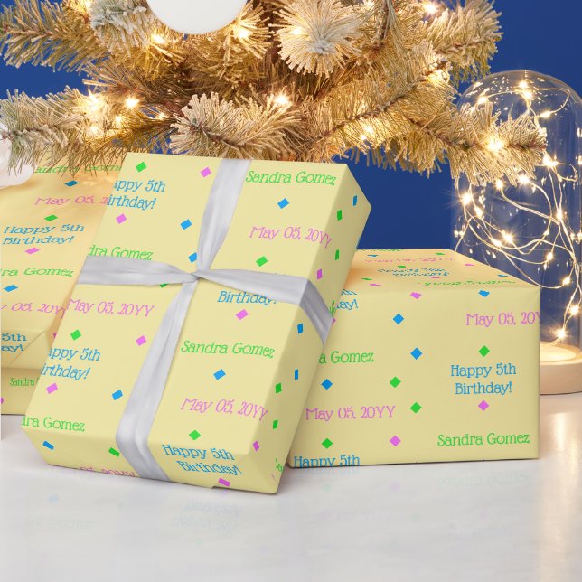 Personalized Kids Birthday Pink Blue Green Yellow Wrapping Paper (Holidays)