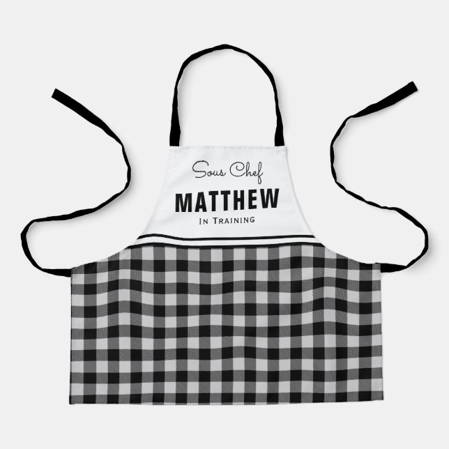 Personalized  Kids Black and White Buffalo Plaid Apron (Front)