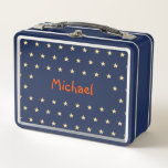Personalized Kids Boys Name Gold Stars Blue School Metal Lunch Box<br><div class="desc">Create your own custom, personalized, fun orange typography / script / font monogram monogrammed, modern cool chic stylish, faux gold golden stars pattern design background, adorable, durable food safe tin plate, food contact safe interior material, classic style kids girls boys metal school lunch box with collapsible black plastic handles. Simply...</div>