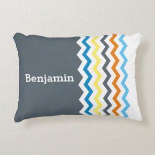Personalized Kids Chevron Grey Blue Orange Yellow Accent Pillow