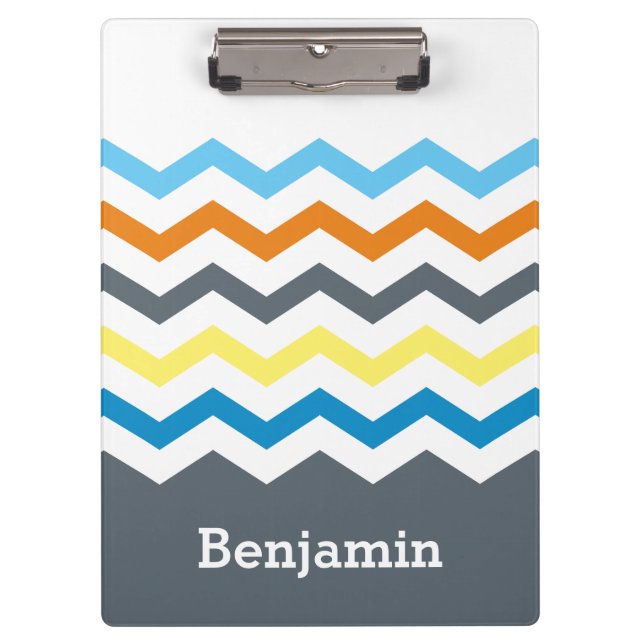 Personalized Kids Chevron Grey Blue Orange Yellow Clipboard (Front)