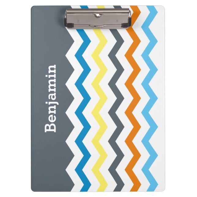 Personalized Kids Chevron Grey Blue Orange Yellow Clipboard (Front)