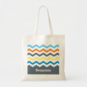 Personalized Kids Chevron Grey Blue Orange Yellow Tote Bag