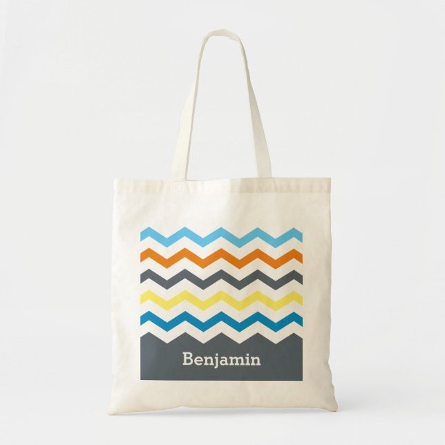 Personalized Kids Chevron Grey Blue Orange Yellow Tote Bag (Front)