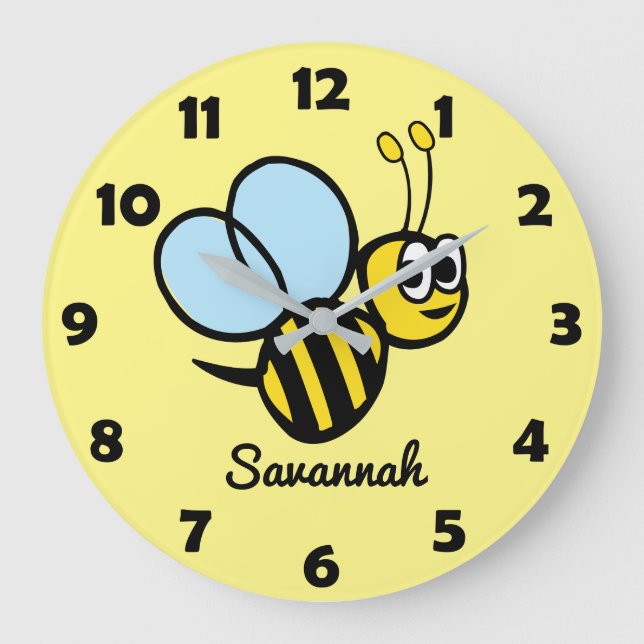 Personalized Kids Cute Bee Yellow Bumblebee Large Clock (Front)