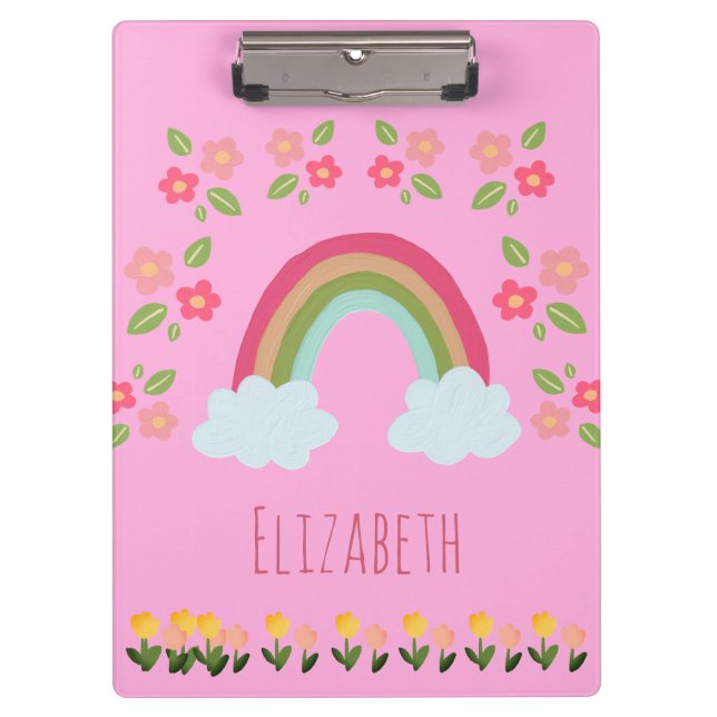 Personalized Kids Cute rainbow girl pink school Clipboard (Front)