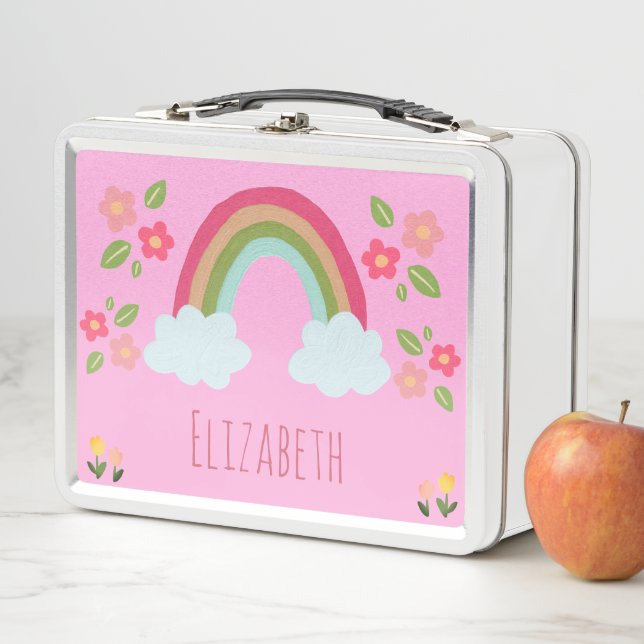 Personalized Kids Cute rainbow girl pink school Metal Lunch Box (In Situ)