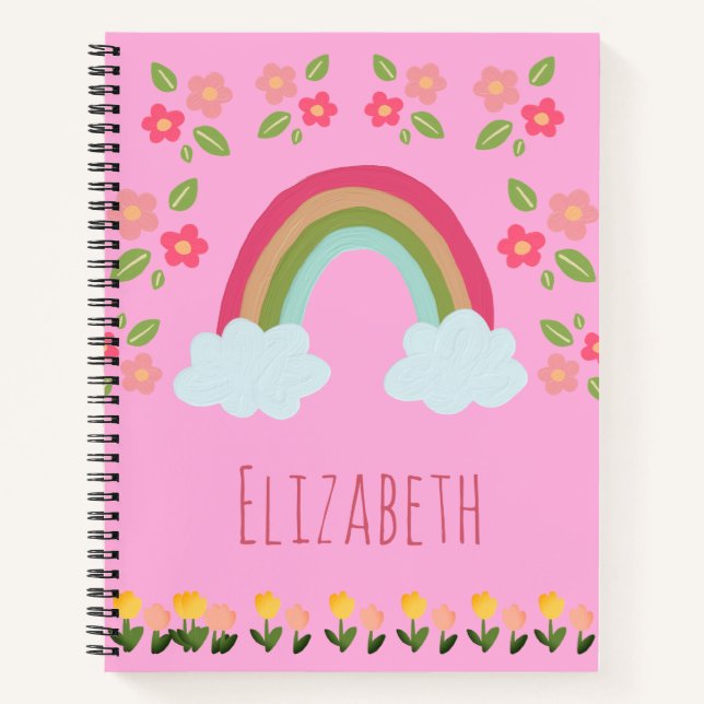 Personalized Kids Cute rainbow girl pink school Notebook (Front)