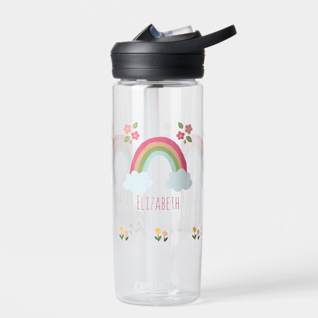 Personalized Kids Cute rainbow girl pink school Water Bottle (Left)
