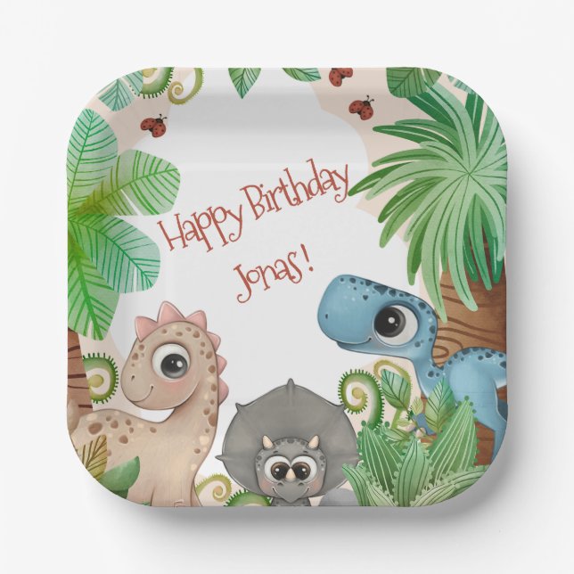 Personalized Kids Dinosaur Birthday Paper Plate (Front)