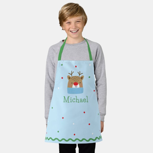 Personalized Kids Festive Reindeer Christmas  Apron (Worn)