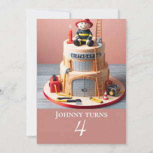 Personalized Kids Firefighter Cake Birthday Invitation