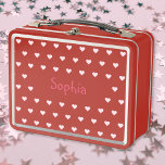 Personalized Kids Girls Name Pink Hearts School Metal Lunch Box<br><div class="desc">Create your own custom, personalized, fun dark pink typography / script / font monogram monogrammed, modern cool chic stylish, girly cute pink hearts pattern design background, adorable, durable food safe tin plate, food contact safe interior material, classic style kids girls boys metal school lunch box with collapsible black plastic handles....</div>