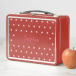 Personalized Kids Girls Name Pink Stars Red School Metal Lunch Box<br><div class="desc">Create your own custom, personalized, fun dark pink typography / script / font monogram monogrammed, modern cool chic stylish, girly pink stars pattern design background, adorable, durable food safe tin plate, food contact safe interior material, classic style kids girls boys metal school lunch box with collapsible black plastic handles. Simply...</div>
