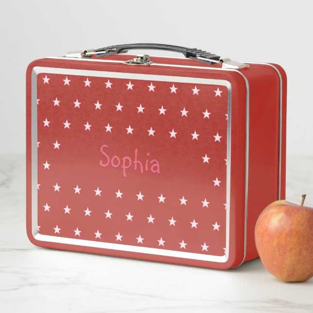 Personalized Kids Girls Name Pink Stars Red School Metal Lunch Box (In Situ)
