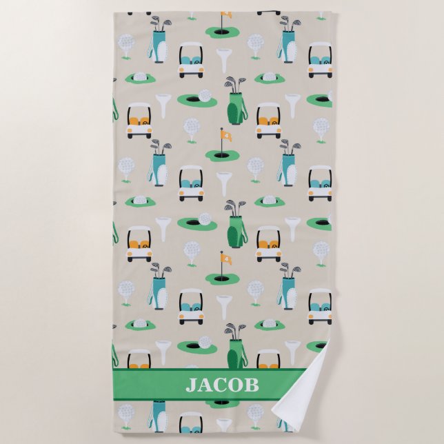 Personalized Kids Golfer Golfcart Golfing Sporty Beach Towel (Front)