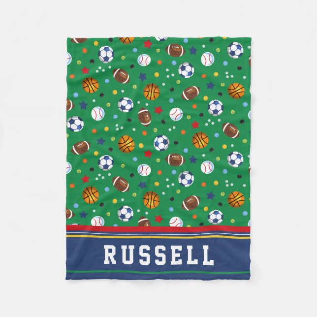 Personalized Kids Green Multi Sports Fleece Throw Blanket (Front)