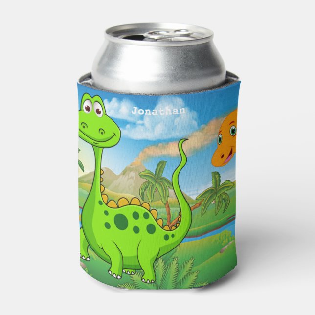 Personalized Kids Green Orange Dinosaur Can Cooler (Can Front)