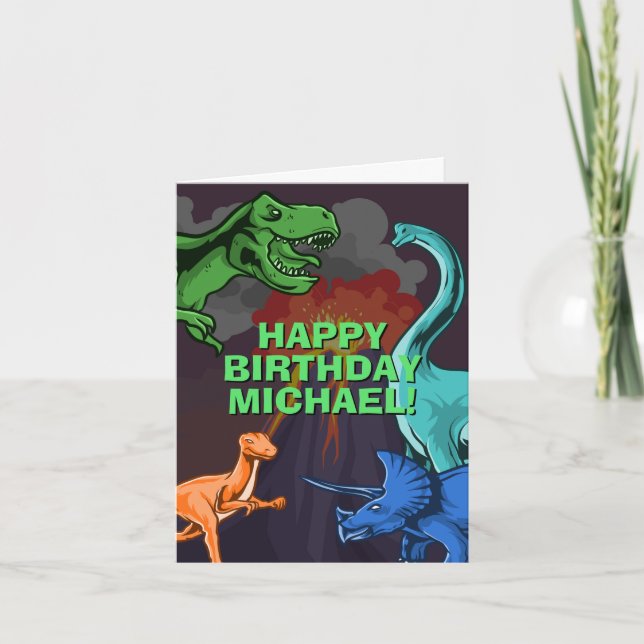 Personalized Kids Jurassic Dino Dinosaur Birthday Card (Front)