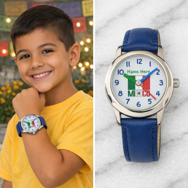 Personalized Kids Mexico Flag Blue Face Watch (Personalized kid's watch with Mexican Flag, MEXICO below in flag colors. Add name above in green.)