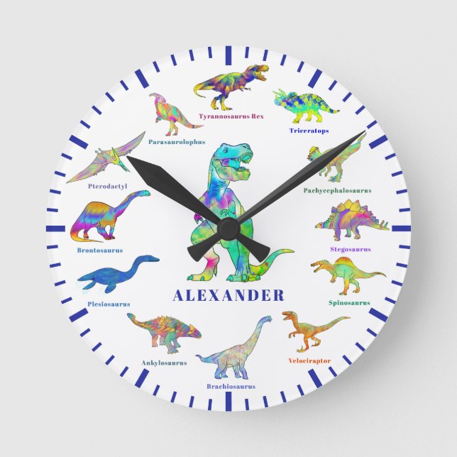 Personalized Kids Name Colourful Cute Dinosaurs Round Clock (Front)