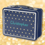 Personalized Kids Name Gold Stars Boys Blue School Metal Lunch Box<br><div class="desc">Create your own custom, personalized, fun teal typography / script / font monogram monogrammed, modern cool chic stylish, faux gold golden stars pattern design background, adorable, durable food safe tin plate, food contact safe interior material, classic style kids girls boys metal school lunch box with collapsible black plastic handles. Simply...</div>