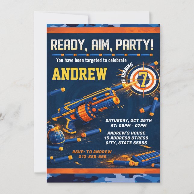 Personalized Kids Nerf Dart War Birthday  Invitation (Front)