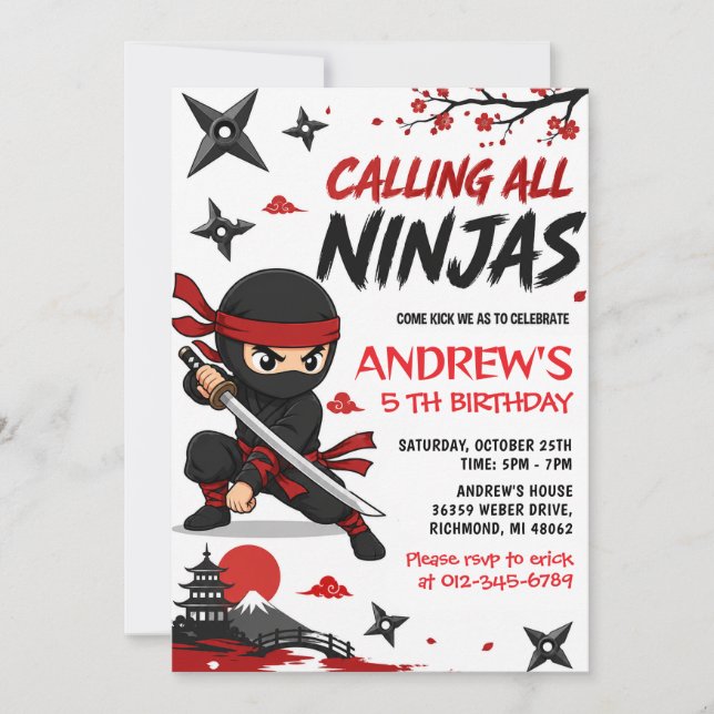 Personalized Kids Ninja Birthday Invitation (Front)