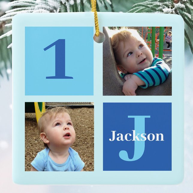 Personalized Kids Photo Collage Blue Christmas Ceramic Ornament (Creator Uploaded)