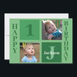Personalized Kids Photo Cute Green Happy Birthday Card<br><div class="desc">Cool 2 photo square happy birthday card for a little boy or toddler. Celebrate your child's birthday with cute photographs of them on this "add your own photograph" card with fun green squares. Add their name and age.</div>