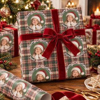 Personalized Kids Photo Tartan Plaid Christmas Wrapping Paper