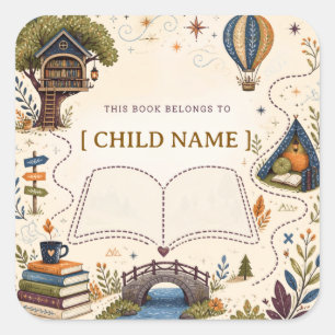 Personalized Kids Reading Bookplate Square Sticker