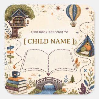 Personalized Kids Reading Bookplate Square Sticker