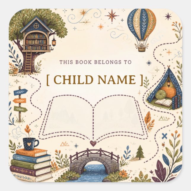 Personalized Kids Reading Bookplate Square Sticker (Front)