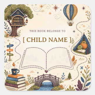 Personalized Kids Reading Bookplate Square Sticker