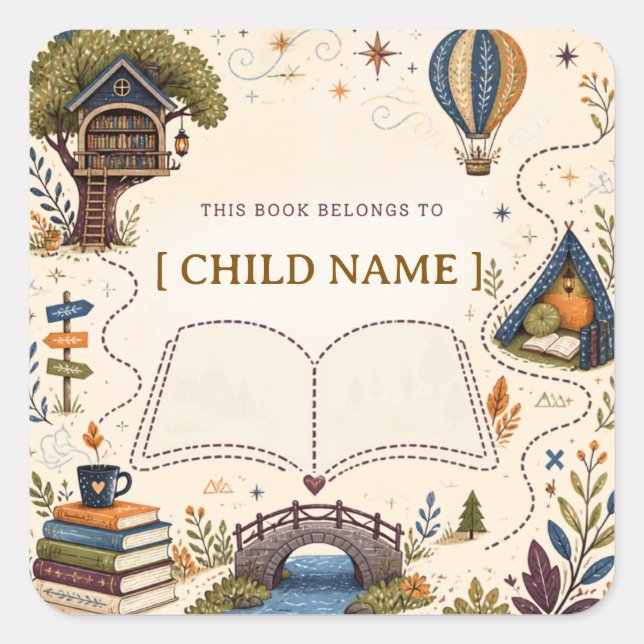 Personalized Kids Reading Bookplate Square Sticker (Front)