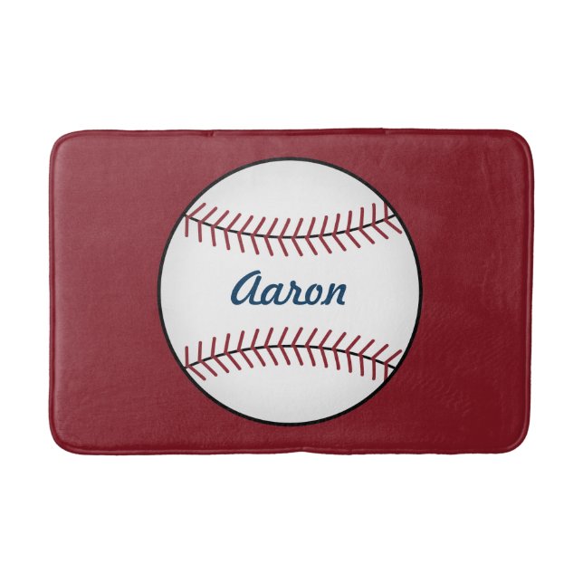Personalized Kids Red Baseball Bathroom Mat Rug (Front)