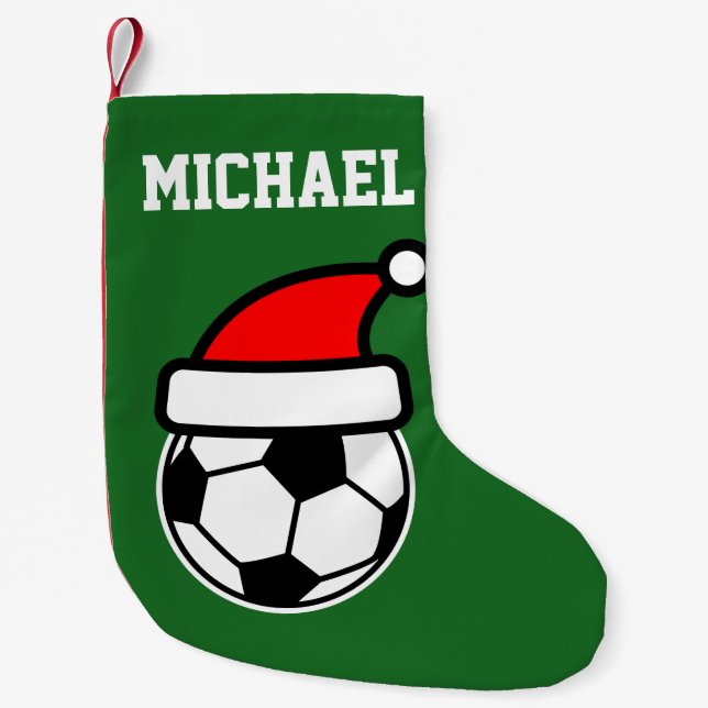 Personalized kids red green soccer ball santa hat small christmas stocking (Front)