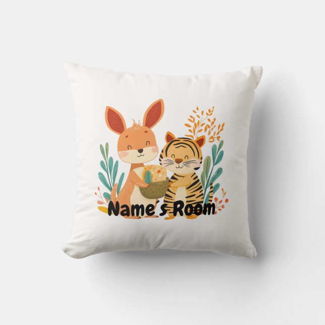 Personalized Kids Room with Kangaroo and Tiger Throw Pillow (Front)